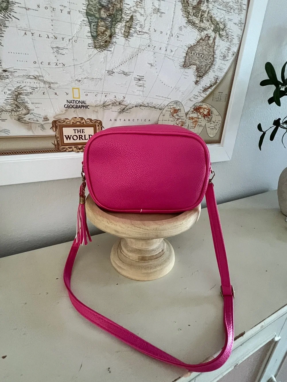 Bright Pink Crossbody Bag with Tassel - Picture 1 of 3
